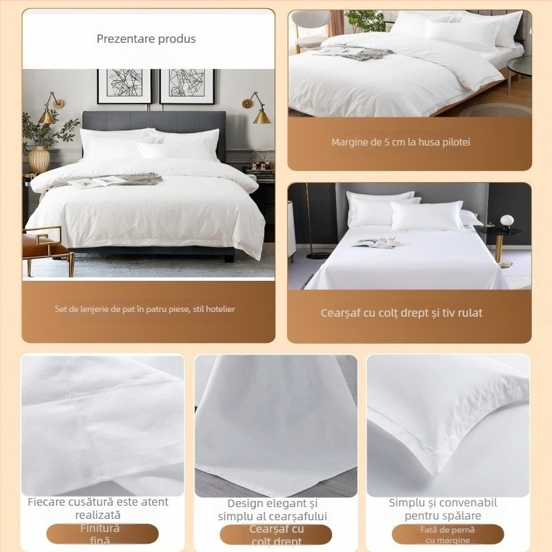 Set de pat patru piese pentru hotel de cinci stele — poliester twill, husă de pilotă, cearșaf, culoare uni, pentru toate anotimpurile