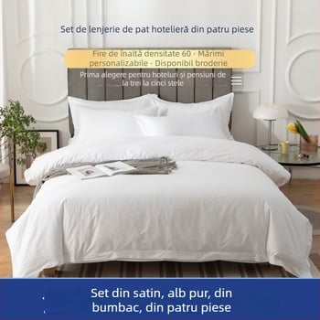Set de pat pentru hotel din bumbac 100% alb, patru piese: husă de pilotă, cearșaf de deasupra, cearșaf de jos și fețe de pernă