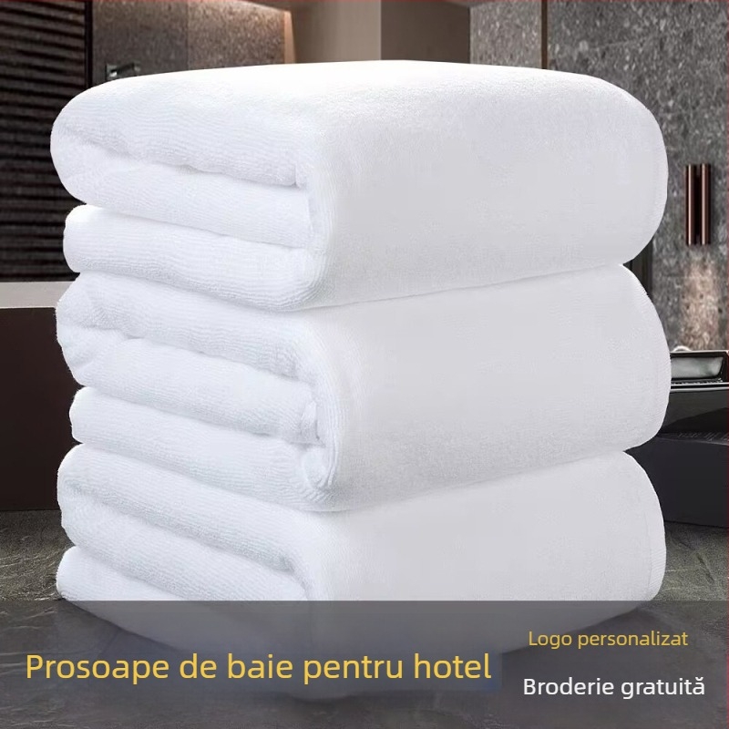 Prosop de baie alb pentru hotel, din bumbac 100%, dimensiune mărită, absorbție ridicată și durabilitate, cu logo brodat