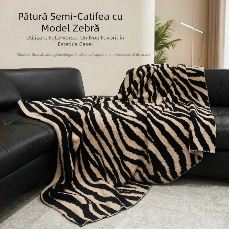 Pătură decorativă zebra pentru canapea, pled semi-catifea, pătură pentru odihnă la birou, poliester