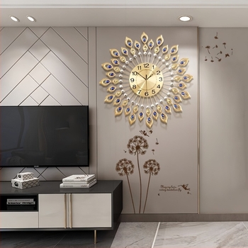 Ceas de perete pentru living cu motiv de paun — design modern minimalist, ceas cu cuarț silențios, ceas decorativ rotund