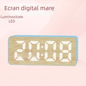Ceas deșteptător digital cu LED, ecran mare, funcție Snooze, calendar și termometru, afișaj 24 de ore, model cu textură bambus