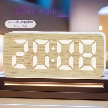 Ceas deșteptător digital cu LED, ecran mare, funcție Snooze, calendar și termometru, afișaj 24 de ore, model cu textură bambus