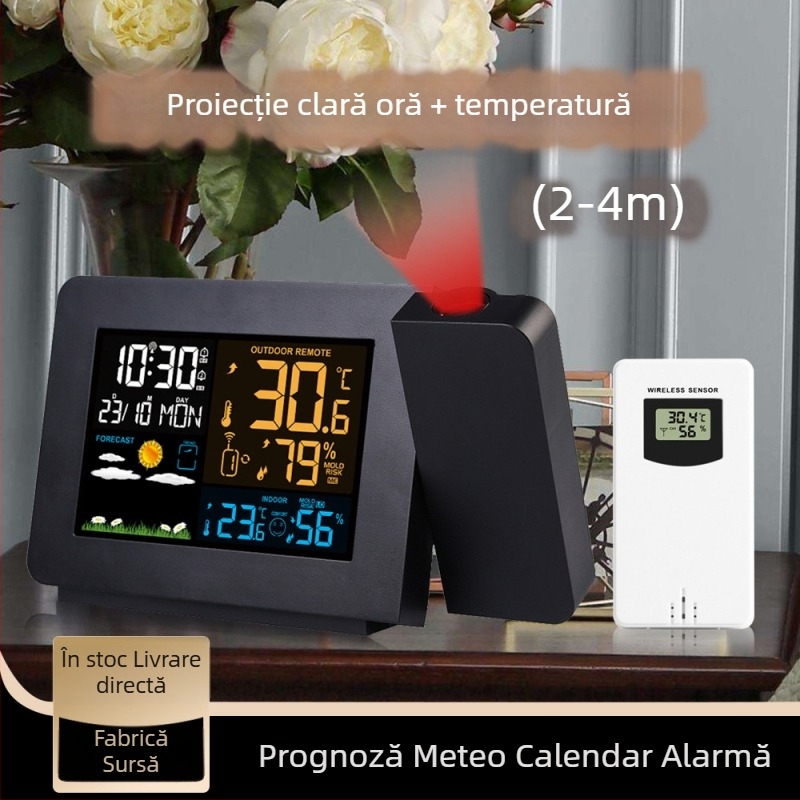 Ceas de proiecție 3391 cu măsurarea temperaturii și umidității în interior/exterior, afișaj color, prognoză meteo, calendar, alarmă
