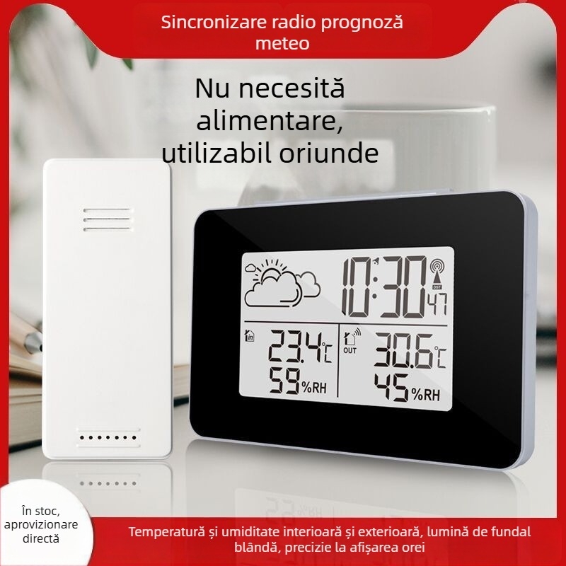 Ceas deșteptător multifuncțional, temperatură și umiditate interior/exterior, calendar, amânare, iluminare de fundal, prognoză meteorologică