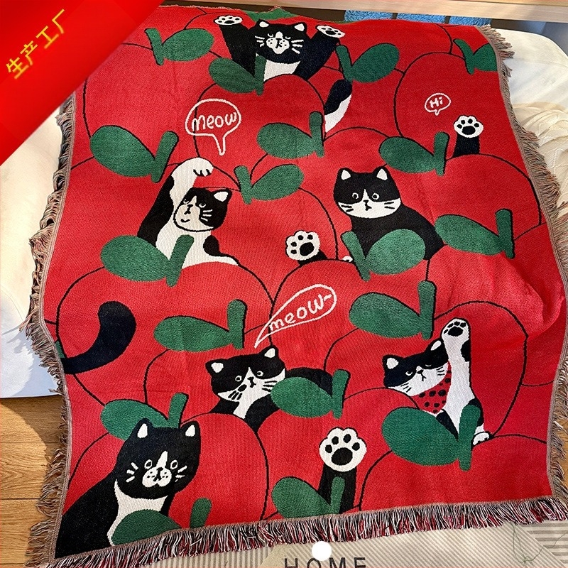 Pătură de bumbac cu motiv pisică și măr roșu, design desen animat, tapiserie decorativă pentru perete pentru toate sezoanele