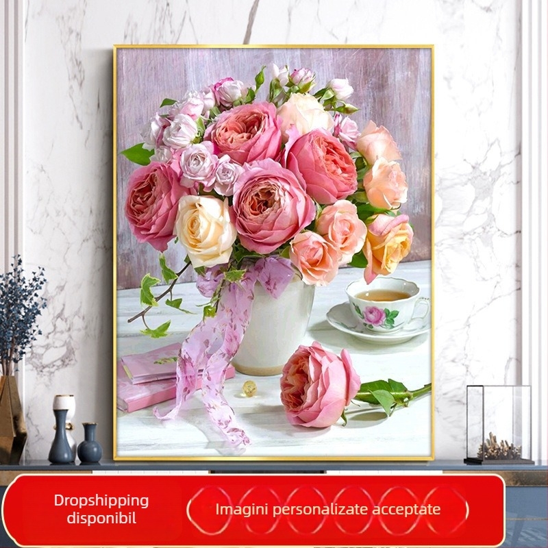 Kit de pictură cu diamante 5D: vază cu trandafiri pentru living și dormitor, broderie încrucișat, dimensiune mică