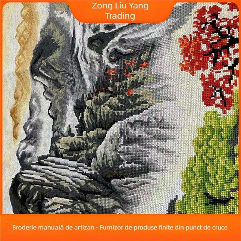 Broderie cu cruce finalizată: peisaj din Fuchun Mountain Dwelling, decor pentru sufragerie
