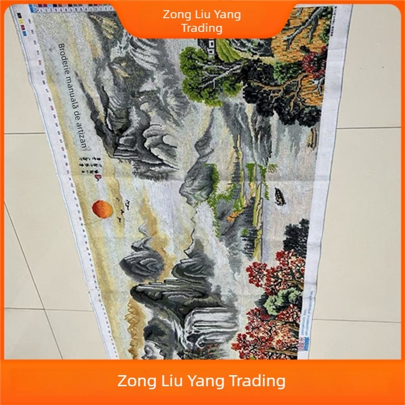 Broderie cu cruce finalizată: peisaj din Fuchun Mountain Dwelling, decor pentru sufragerie