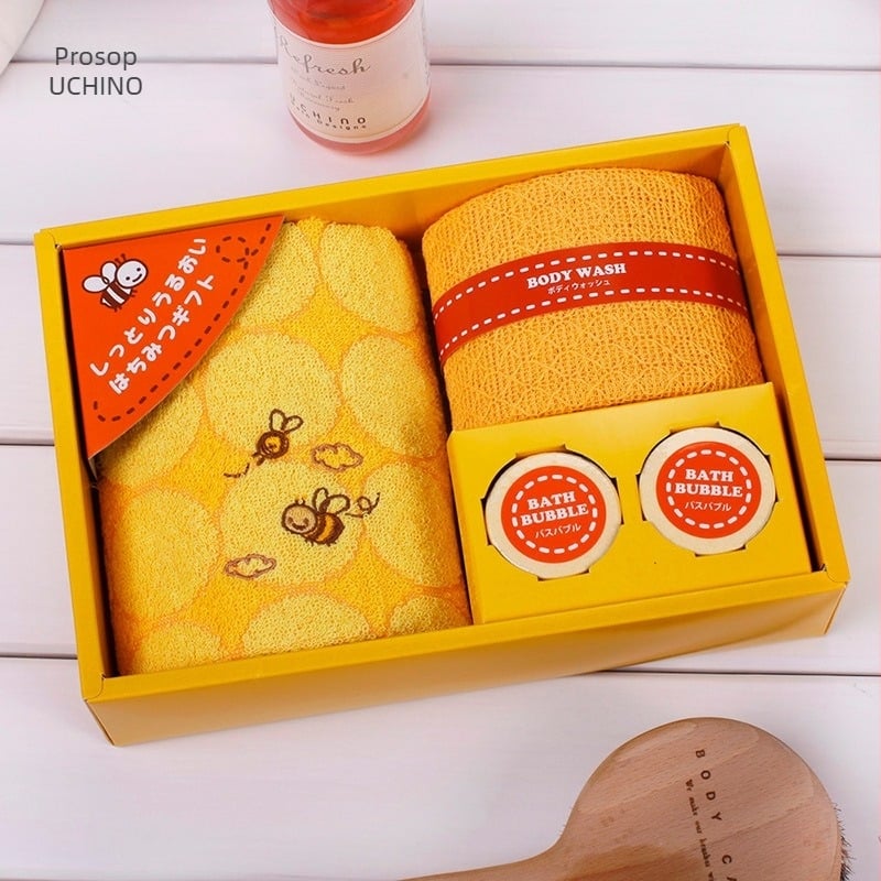 Set prosoape Uchino cu albina mică, 2 bucăți, 100% bumbac, prosoape de față cu design desen animat, decor pentru casă