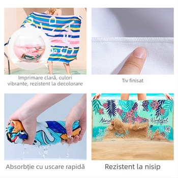 Prosop de plajă din microfibră, uscare rapidă, imprimare pe ambele fețe, velur dublu, oversized