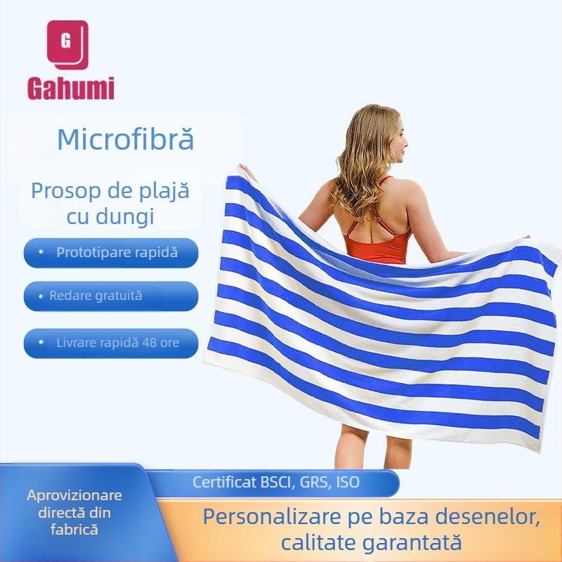 Prosop de plajă din microfibră, moale pentru sport, uscare rapidă, design cu dungi velur pe ambele fețe