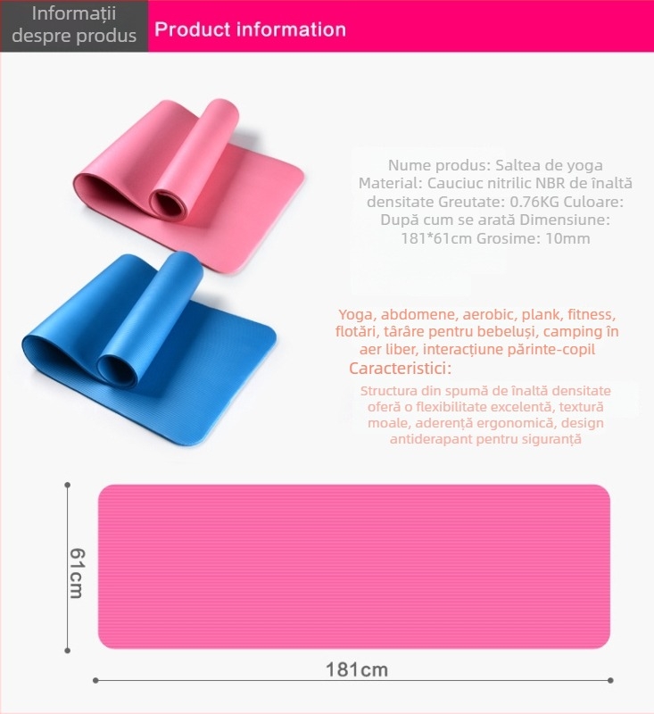 Covoraș yoga NBR 183 × 61 × 10 mm, antiderapant, pentru începători, fitness și dans
