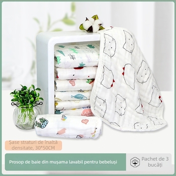 Set de trei prosoape pentru bebeluți, din muselină de bumbac cu șase straturi, 30×50 cm, cu buclă pentru agățare