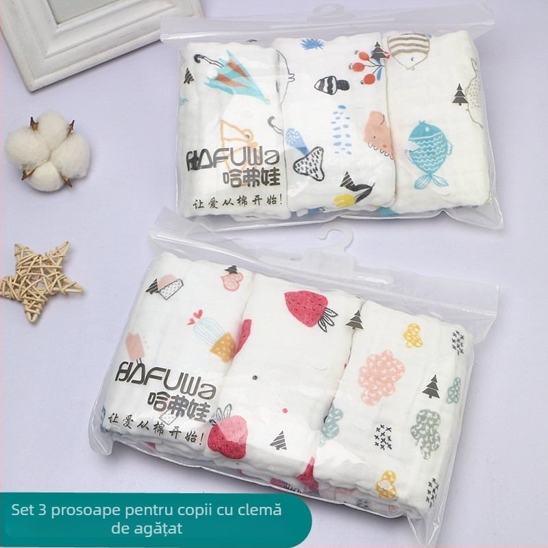 Set de trei prosoape pentru bebeluți, din muselină de bumbac cu șase straturi, 30×50 cm, cu buclă pentru agățare