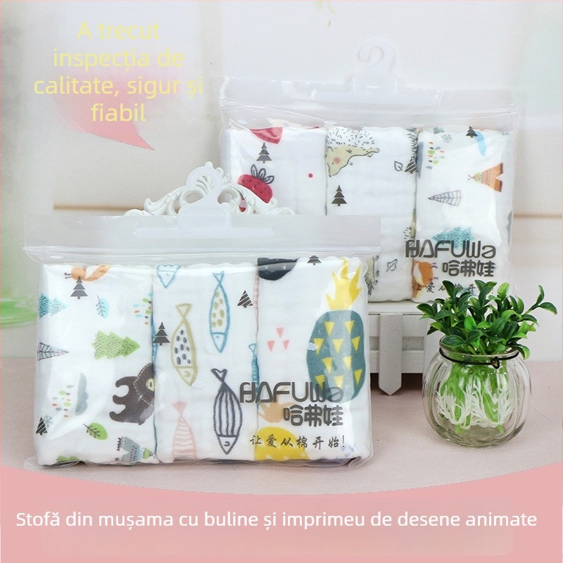 Set de trei prosoape pentru bebeluți, din muselină de bumbac cu șase straturi, 30×50 cm, cu buclă pentru agățare