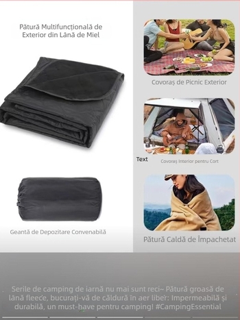 Saltea de picnic multifuncțională, impermeabilă pentru camping, cu fleece din lână de miel, portabilă, groasă, rezistentă la umezeală, exterior