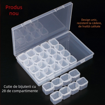 Cutie de depozitare pentru manichiură, 28 compartimente, capac detașabil, cutie din plastic transparent colorată