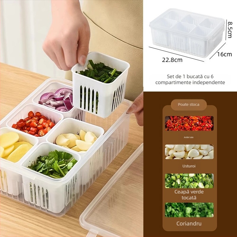 Cutie de depozitare pentru ghimbir, usturoi și ceapă verde cu compartimente, etanșare pentru prospețime, recipient din plastic cu drenaj pentru frigider