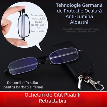 Ochelari de citit anti-lumină albastră, brațe telescopice pliabile, ramă rotundă din metal, pentru adulți