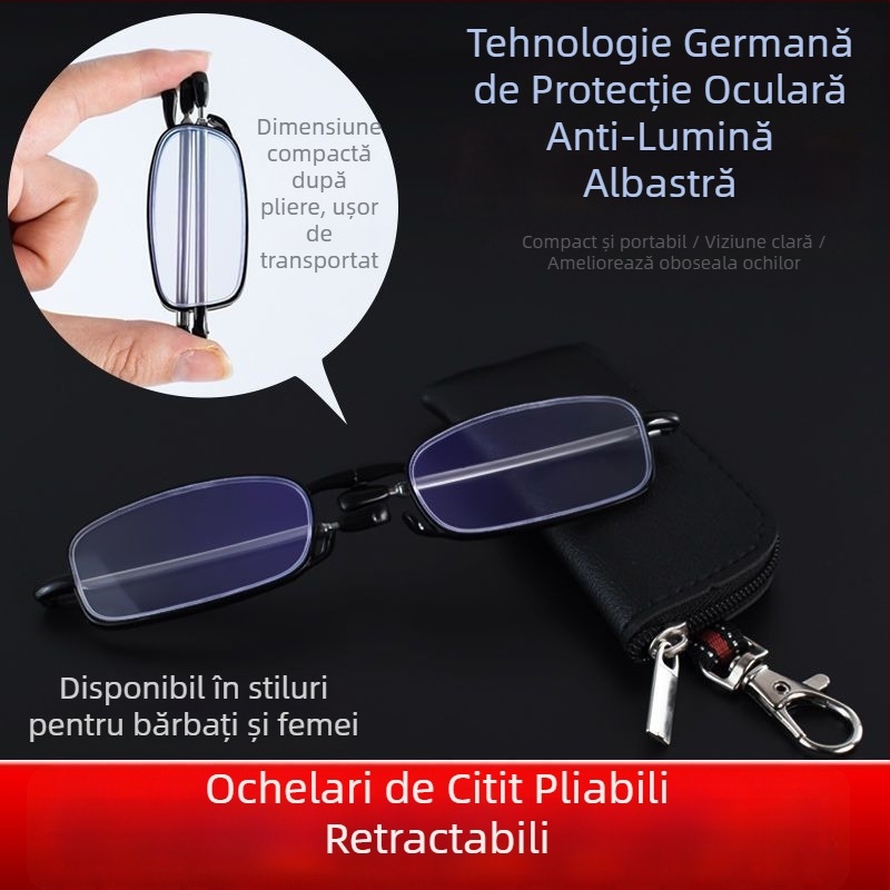 Ochelari de citit anti-lumină albastră, brațe telescopice pliabile, ramă rotundă din metal, pentru adulți