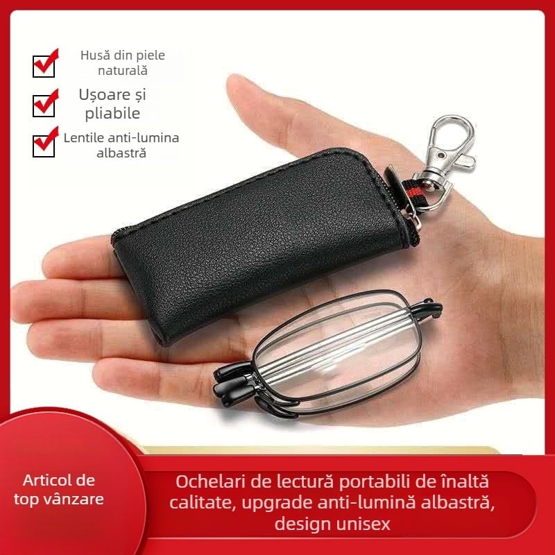 Ochelari de lectură portabili, anti-lumină albastră, ramă pătrată, ultra-ușori, pliabili