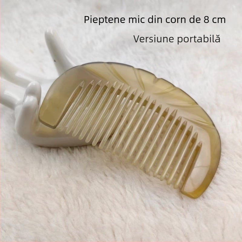 Pieptene din corn natural, mic, gravat, portabil, antistatice