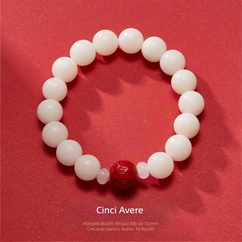 Brățară Bodhi din jad alb natural, 10 mm, cu mărgele Hundred Fortunes în nuanța cinnabar roșu nisip, unisex, șir unic
