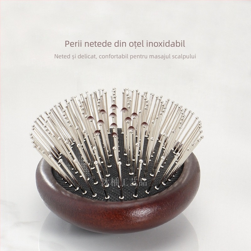 Pieptene din lemn de santal pentru masajul scalpului, pernă de aer, oval, pieptene din lemn masiv cu dinți din oțel