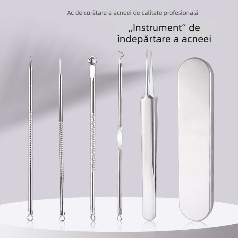 Set de instrumente pentru acnee din oțel inoxidabil, în cutie, 5 piese, cu ace cu două capete, ace pentru acnee, clește pentru comedoane și ac pentru puncte negre