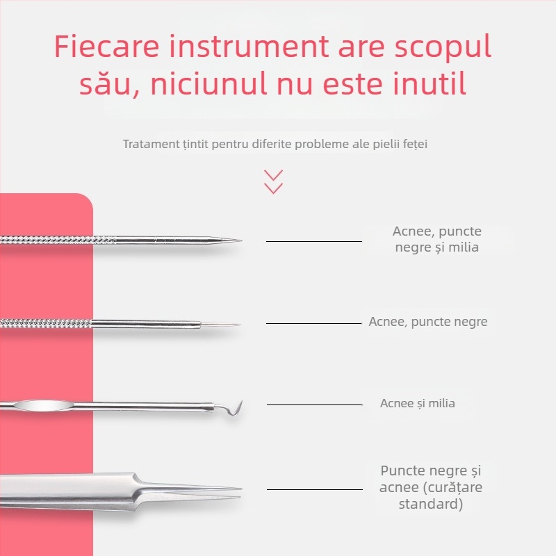 Set de instrumente pentru acnee din oțel inoxidabil, în cutie, 5 piese, cu ace cu două capete, ace pentru acnee, clește pentru comedoane și ac pentru puncte negre