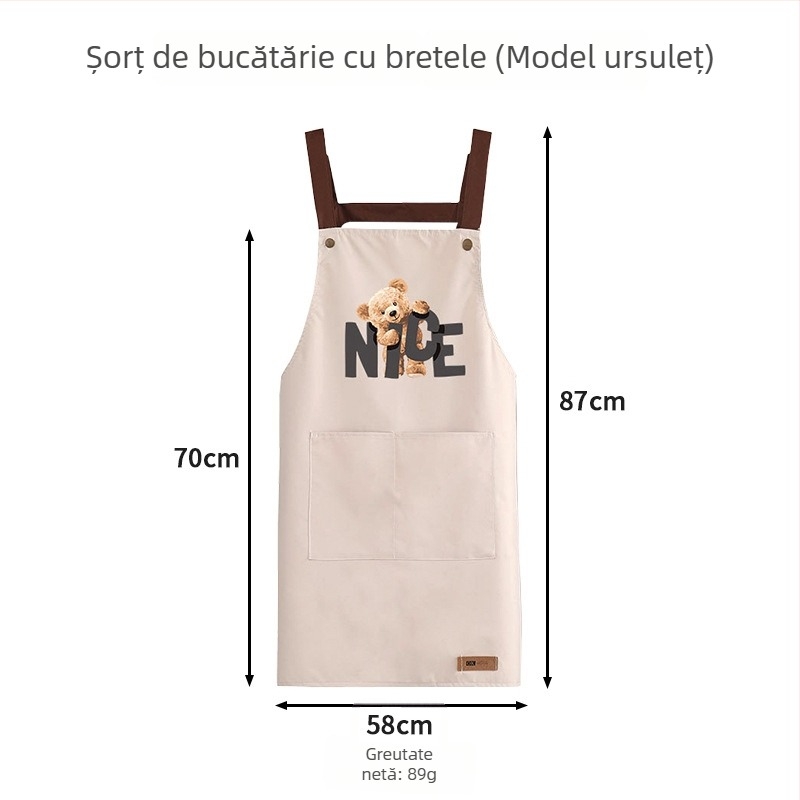 Șorț de bucătărie cu bretele duble, impermeabil și rezistent la pete, fără mâneci, cu design ursuleț drăguț
