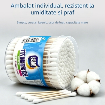 Bețișoare din bumbac de unică folosință cu vârfuri duble, tijă din bambus, ambalaj cilindric, 300 vârfuri
