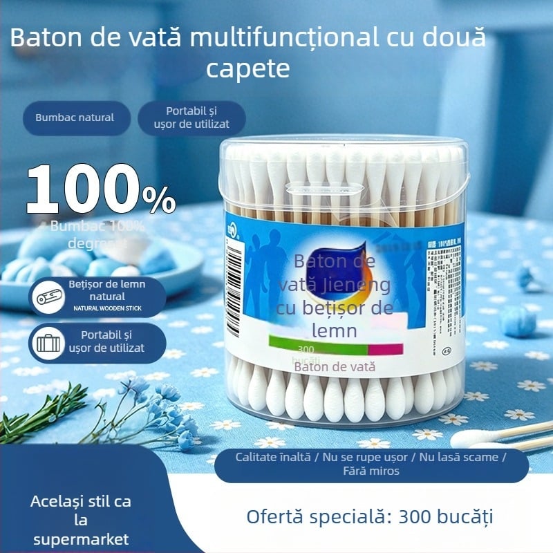 Bețișoare din bumbac de unică folosință cu vârfuri duble, tijă din bambus, ambalaj cilindric, 300 vârfuri