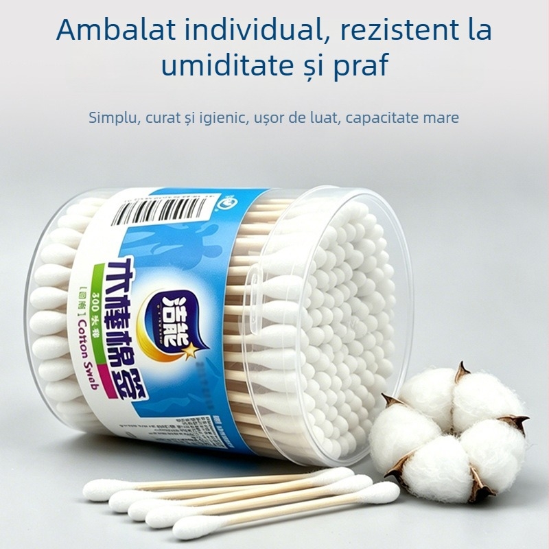 Bețișoare din bumbac de unică folosință cu vârfuri duble, tijă din bambus, ambalaj cilindric, 300 vârfuri