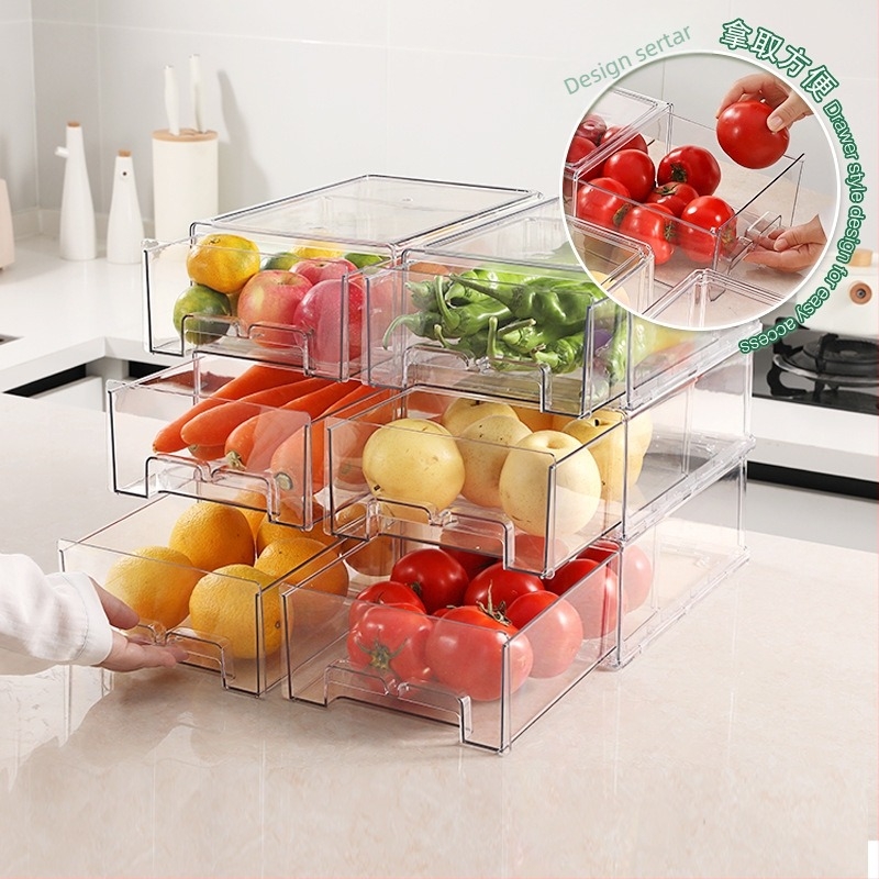 Bow Casetă de depozitare pentru frigider cu sertar — recipient PET transparent pentru legume, conservare alimentară, plastic de bucătărie