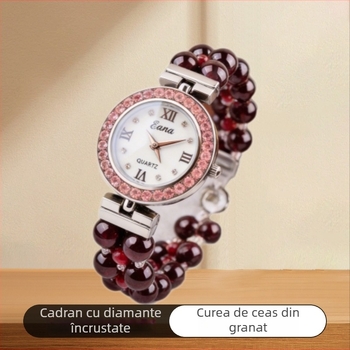 Ceas quartz pentru femei cu brățară din granat și rubin – cadou elegant de lux