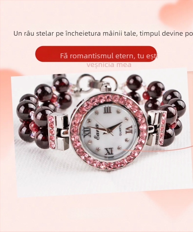 Ceas quartz pentru femei cu brățară din granat și rubin – cadou elegant de lux