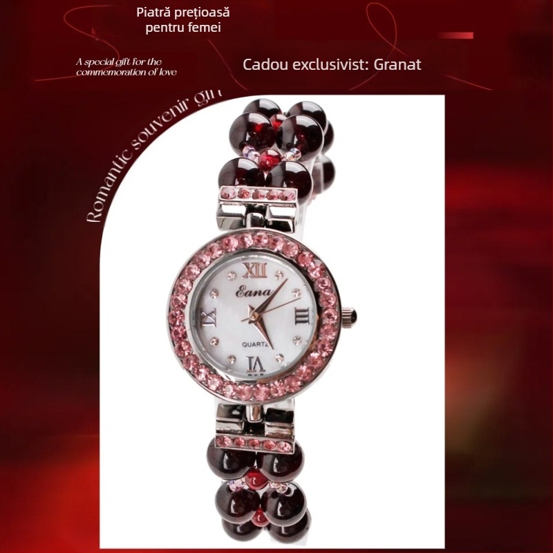 Ceas quartz pentru femei cu brățară din granat și rubin – cadou elegant de lux
