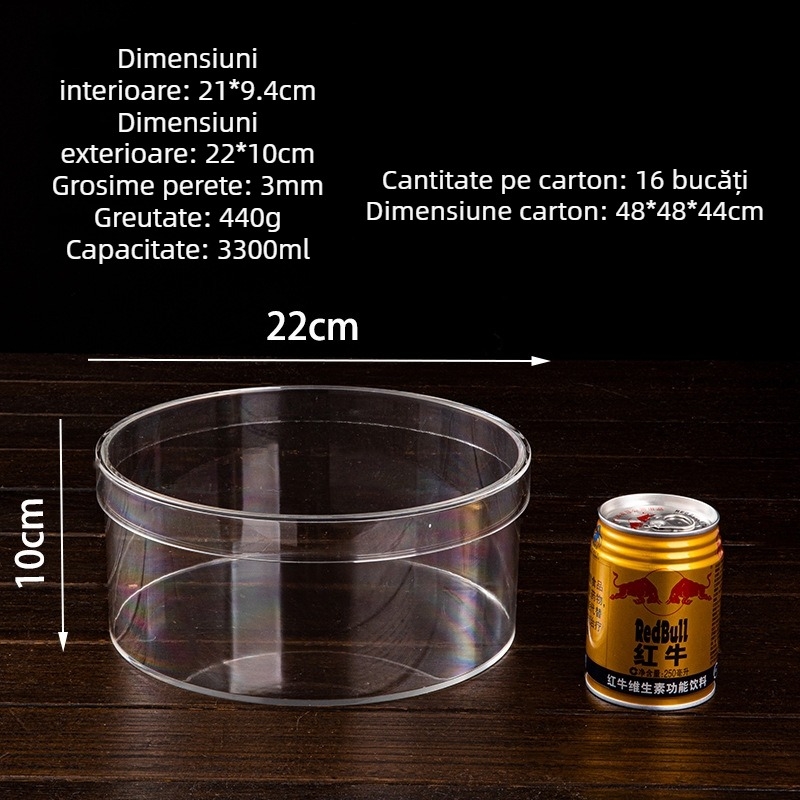 Cutie cadou rotundă, transparentă, cu capac, diametrul 22 cm, înălțime 10 cm, din plastic