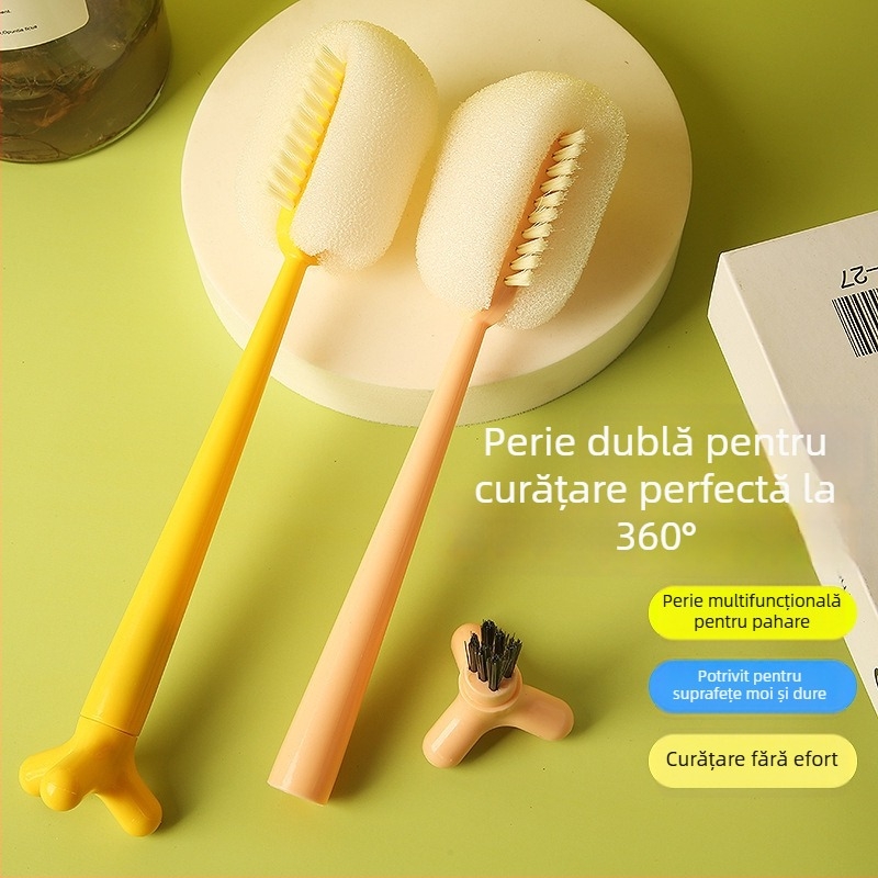 Perie de curățare pentru pahare și sticle, cu mâner lung și cap de burete