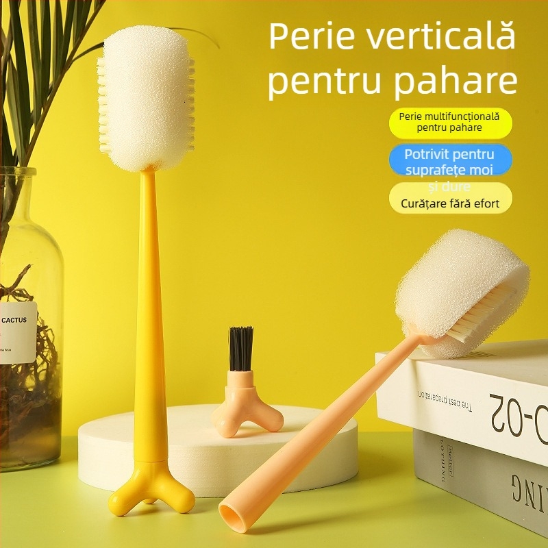 Perie de curățare pentru pahare și sticle, cu mâner lung și cap de burete