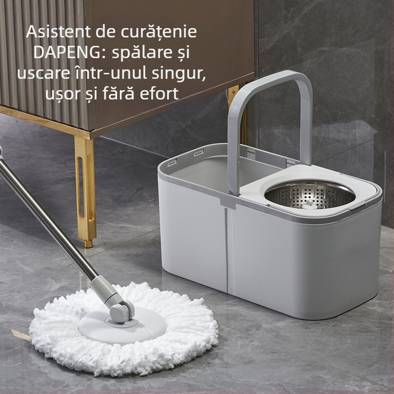 Mop rotativ cu găleată – utilizare casnică, fără spălare manuală, acționare dublă, cap din microfibră