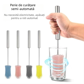 Perie de curățare pentru biberon din oțel inoxidabil, cap rotativ din silicon, mâner lung, acționare prin apăsare, curățare multifuncțională
