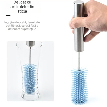 Perie de curățare pentru biberon din oțel inoxidabil, cap rotativ din silicon, mâner lung, acționare prin apăsare, curățare multifuncțională