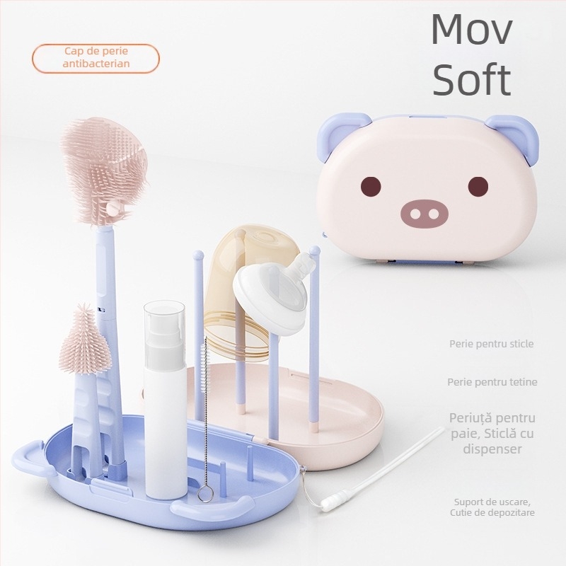 Set de perie pentru biberon din silicon pentru bebeluși, portabil, cu cutie de depozitare și perie de curățare a biberoanelor