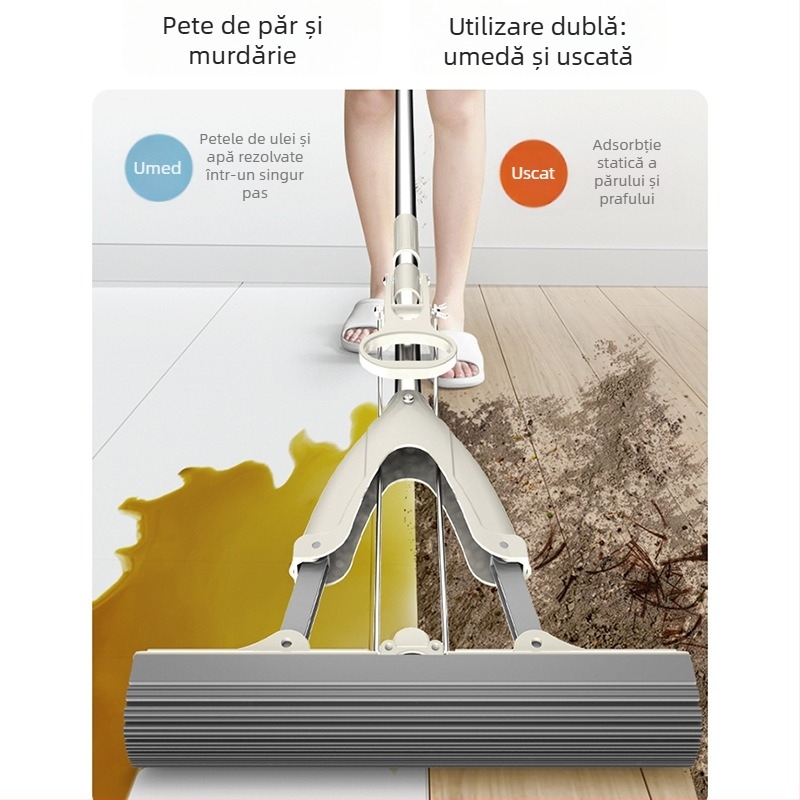 Mop din gel-cotton cu mâner telescopic din oțel inoxidabil, burete absorbant, mop cu stoarcere în două rânduri, curățare fără atingere