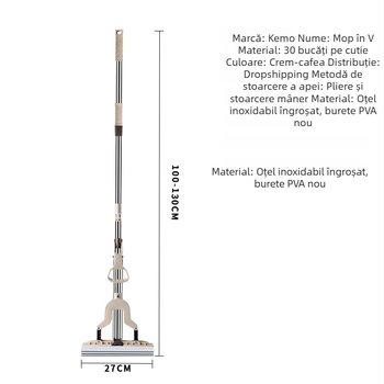Mop din microfibră absorbițor de 27 cm, cap de burete pliabil pentru stoarcere, mâner telescopic din oțel inoxidabil