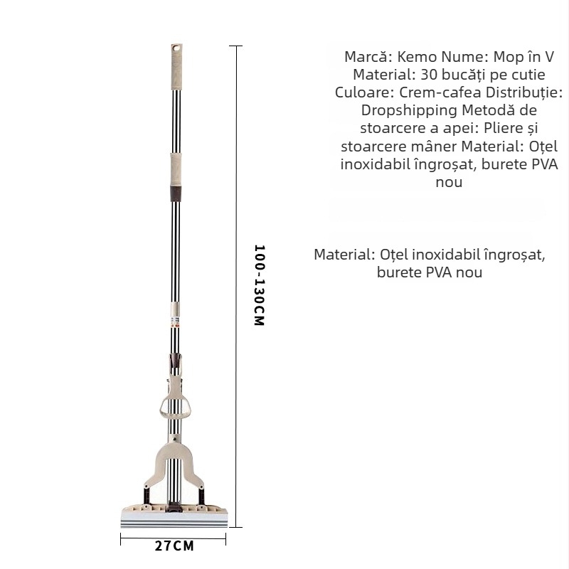 Mop din microfibră absorbițor de 27 cm, cap de burete pliabil pentru stoarcere, mâner telescopic din oțel inoxidabil