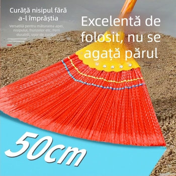 Mătură din plastic durabil cu mâner lung și priză din lemn; dimensiune mare; părul nu se agață.